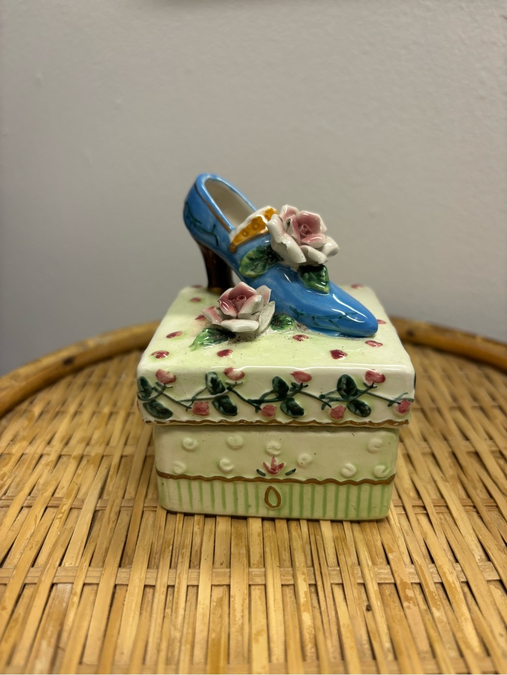 Blue Floral Ceramic Shoe Trinket Box - Women Shoes Accent